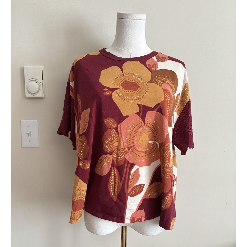 Anthropologie Tiny Womens XL Top Floral Embroidered Red Orange Autumn Fall Twee
